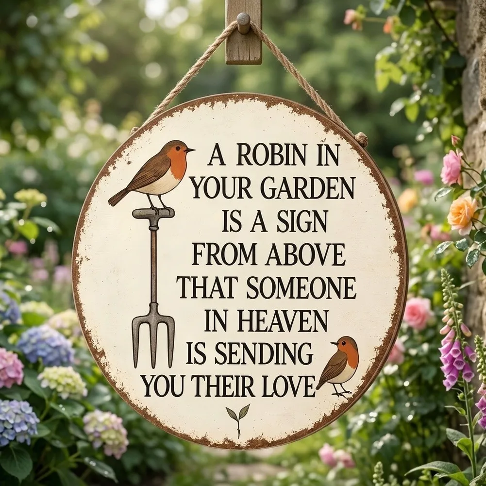 Sentimental Garden Wall Decor with Uplifting Quote Birds and Farm Tools for Cottage Kitchen Living Room Barn 20x20cm Tin Plaque