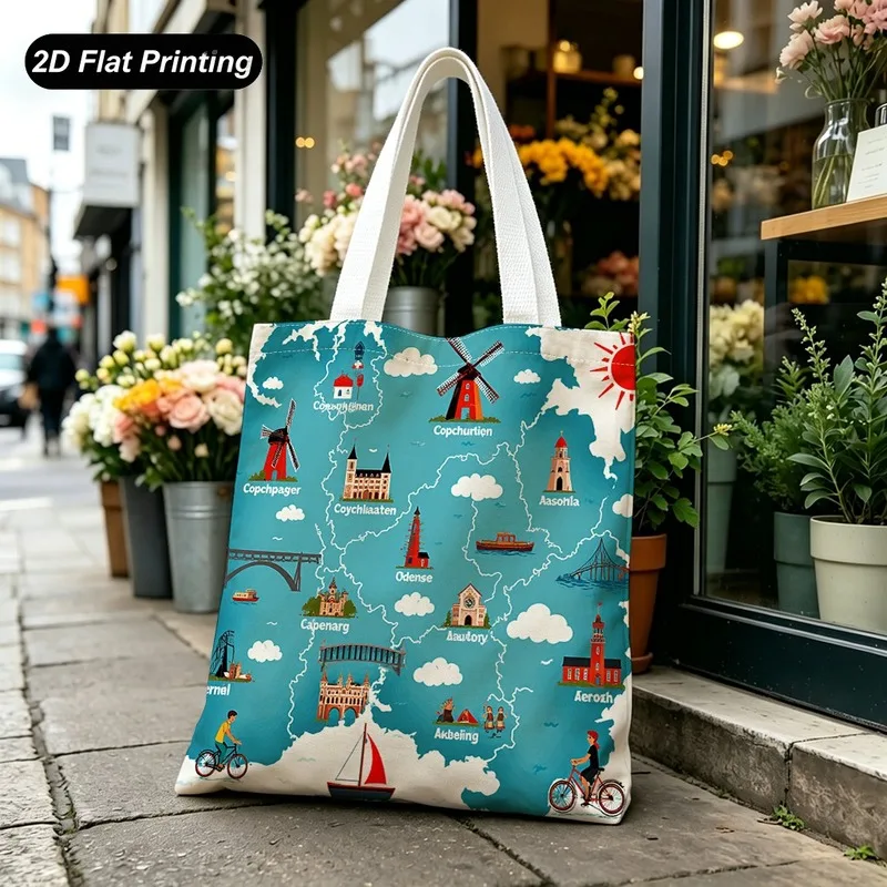 1PC【Tote Bag】2DFlat effect，Printed with landmarks and scenery from various places（Windmill、Architecture、Elements such as bridges