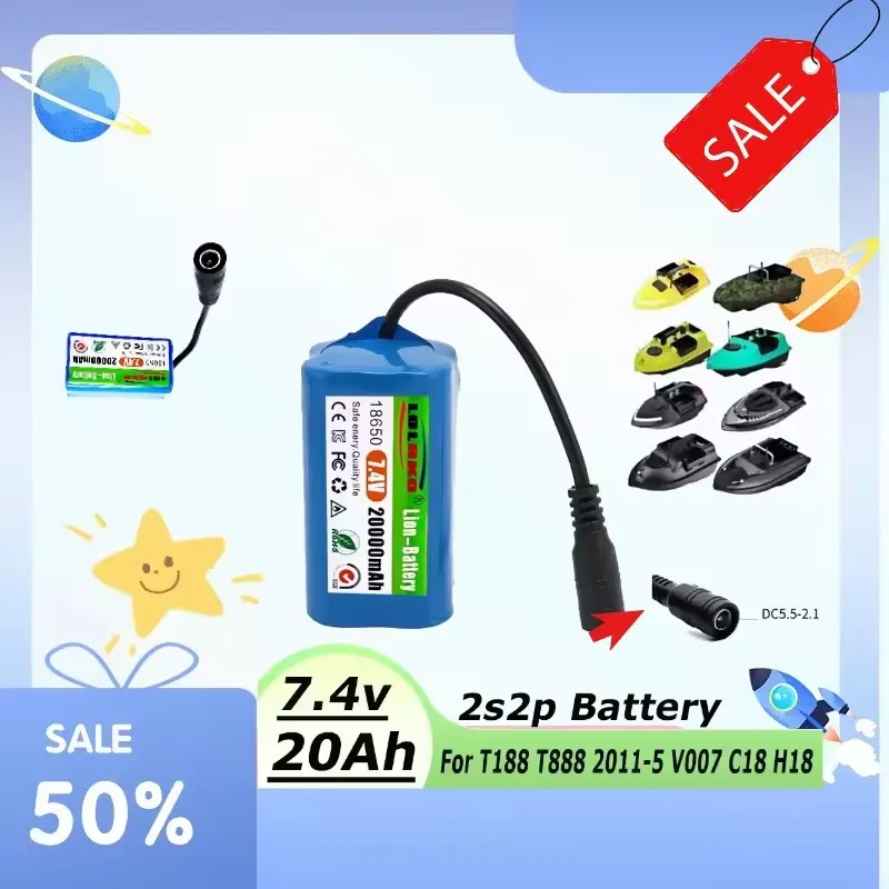 2026 7.4V 20000mAh RC Boats Battery For T188 T888 2011-5 V007 C18 H18 Remote Control Fishing Bait Boat Ship Parts Accessories