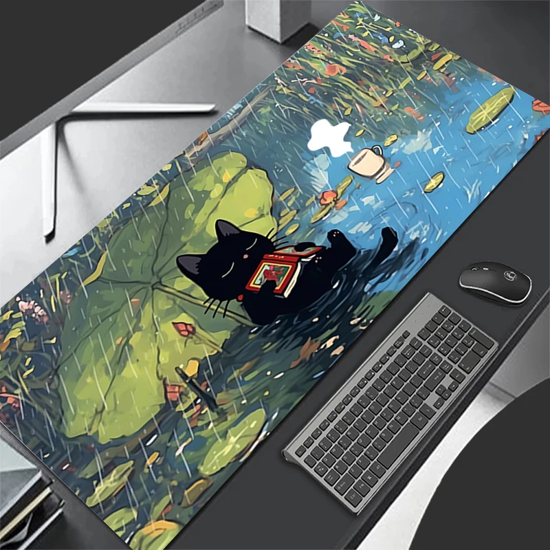 Mouse pad preto gato design antiderrapante tapete de mesa jogos acessórios portáteis bordas costuradas para casa e jogo para gamer mousepad