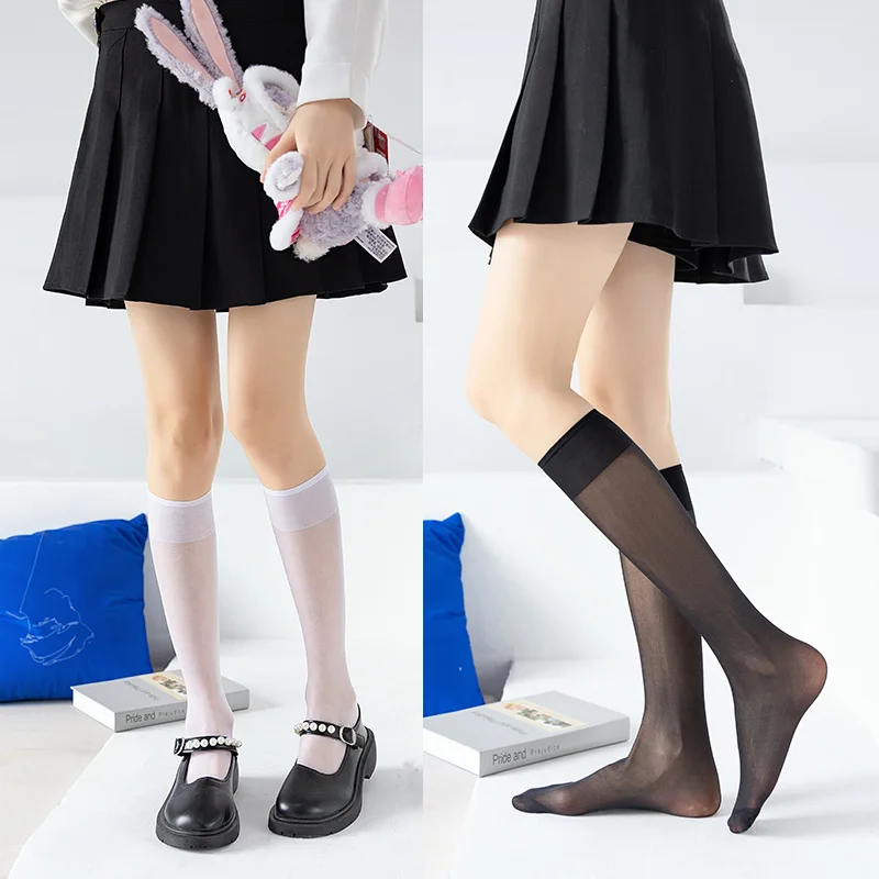 Spring And Summer Japanese JK Uniform Calf Black White Stockings Ultra-Thin Transparent Sexy Lolita Knee High Socks