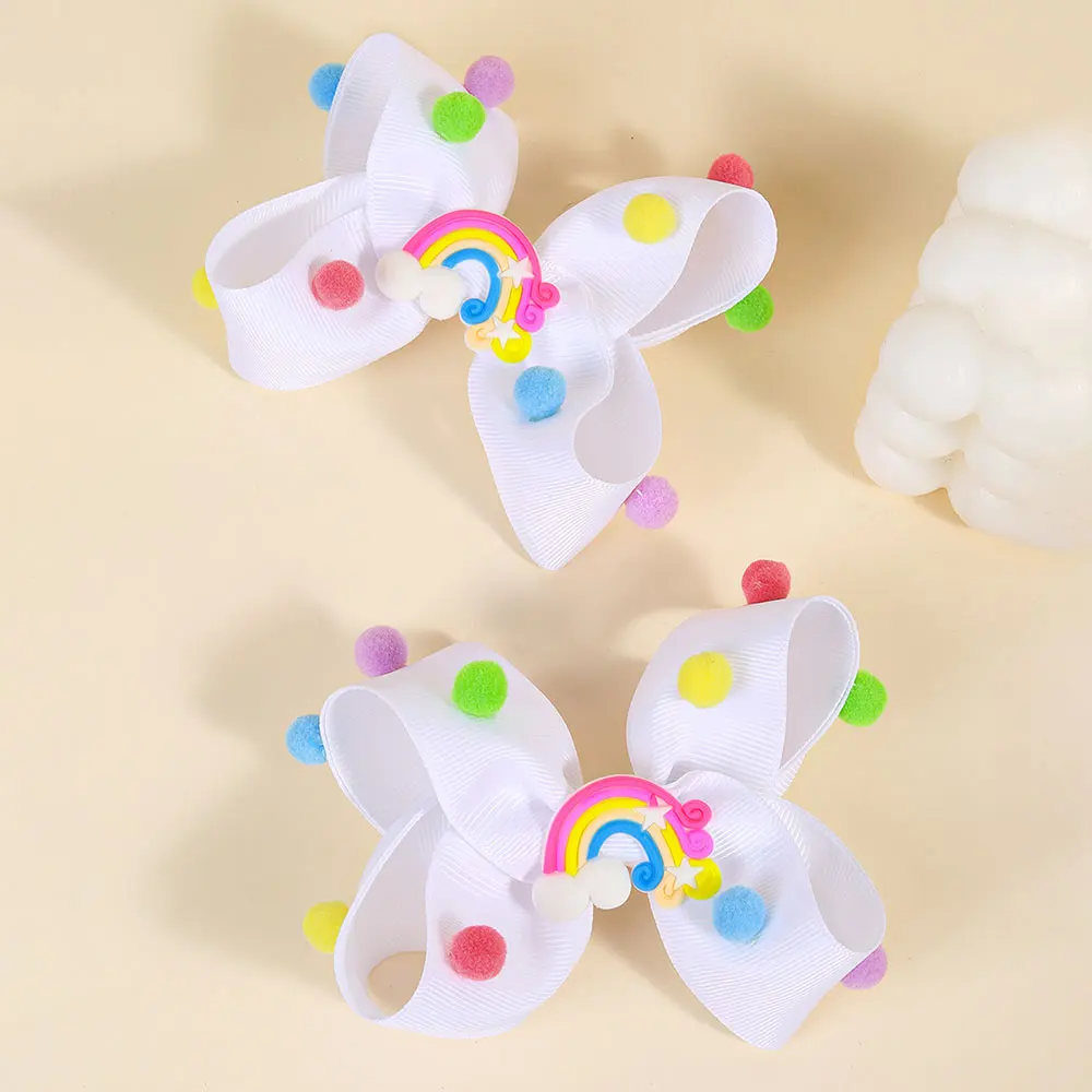 2PCS Fashion Ribbon Bow Hairpin Cute Pompon Bowknot Hair Clips Handmade Kids Barrettes Headwear Girls Hair Accessories