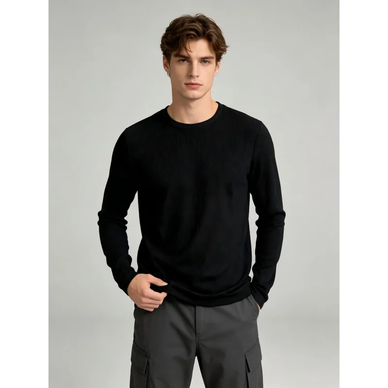 2026 Casual Men Basic Long Sleeve Top Solid Color Waffle Texture Crew Neck T‑Shirt Loose Soft Elastic Daily Outfit  Autumn
