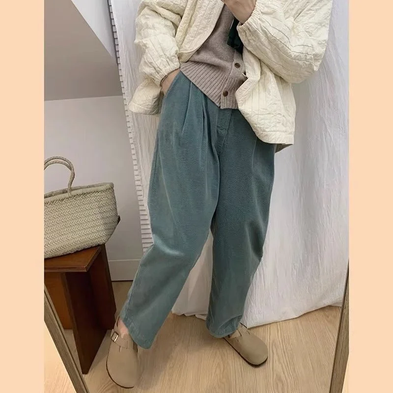 

plus Size Green Corduroy High Waist Wide Leg Pants Women's Loose Casual Trousers Autumn Season High Waist Style Korean Version