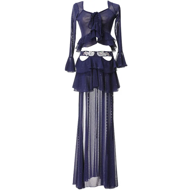Trajes de danza del vientre personalizados, vestido de práctica con cordón, falda de cola de pez de diamante caliente, conjunto Sexy, vestido de danza Oriental para mujer