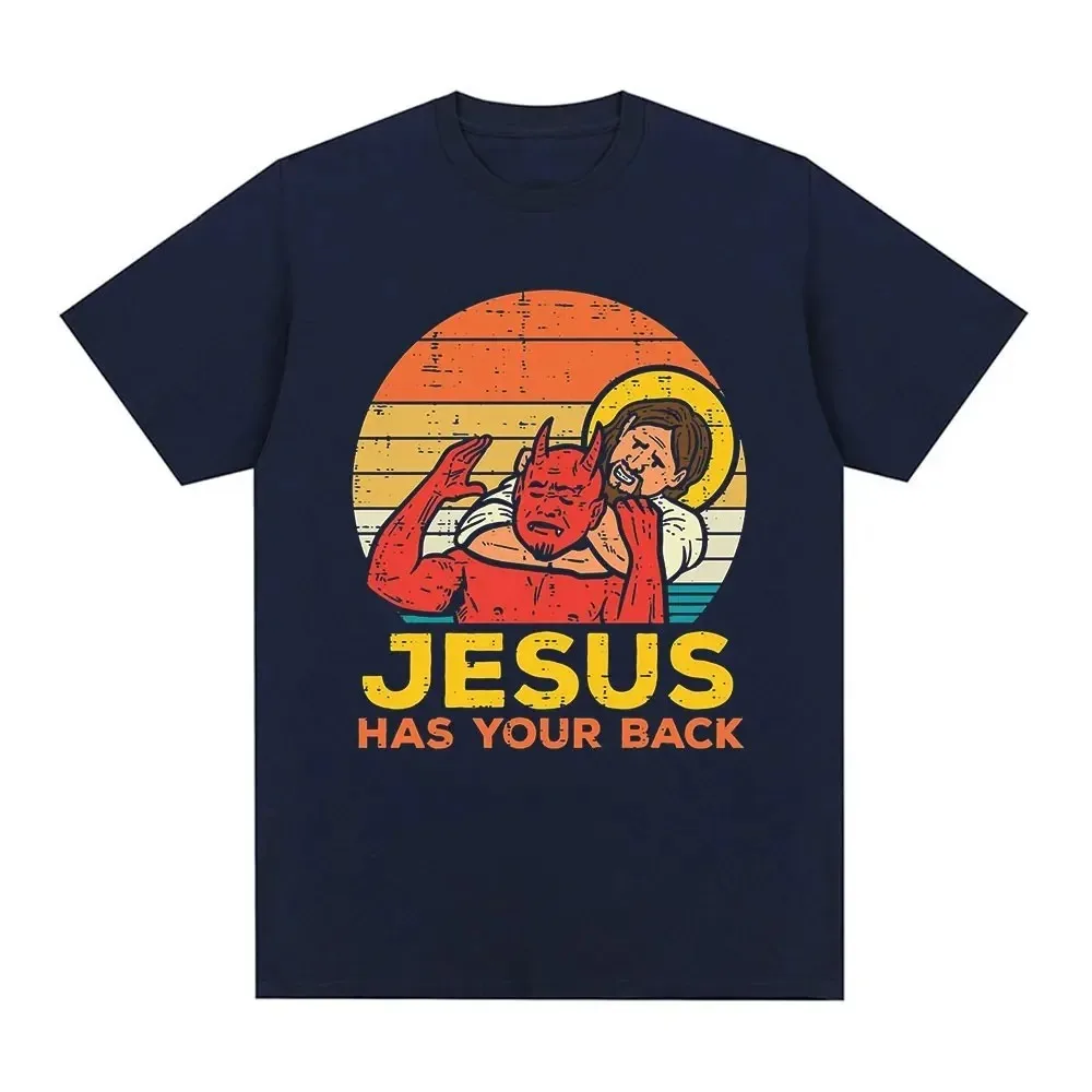 Funny Jesus Has Your Back Jiu Jitsu Retro Christian T-shirt Men\'s 100% Cotton Fashion High Quality Oversized T-shirts Streetwear