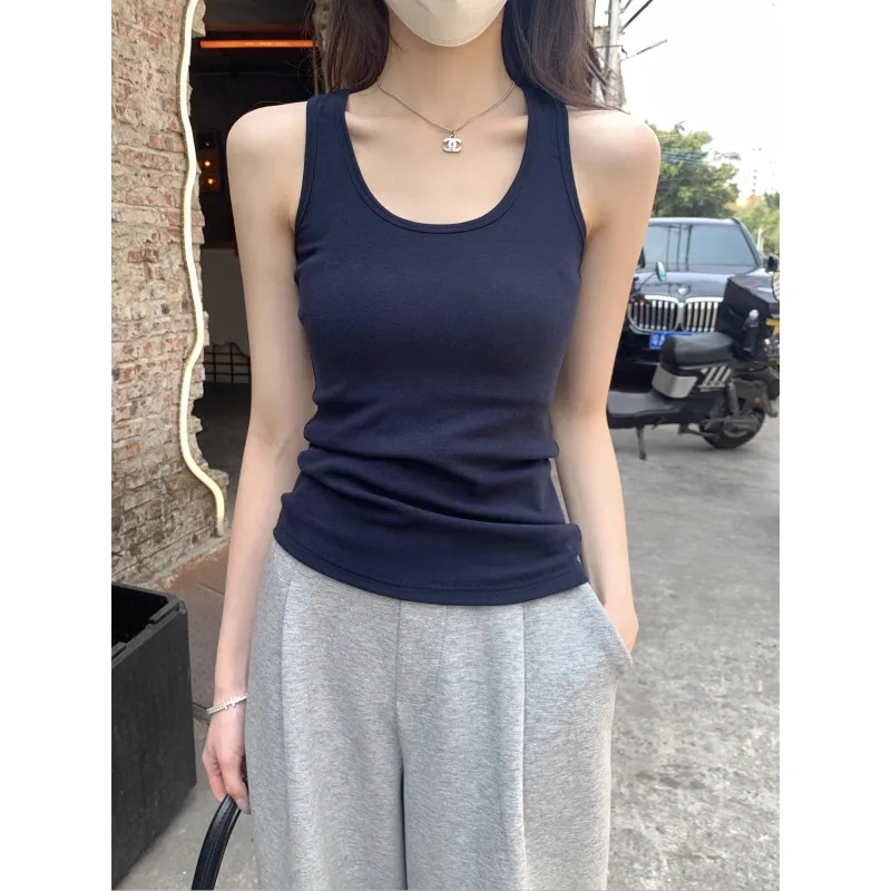 

Ретро синий базовый летний женский эстетический однотонный топ жилет сексуальный французский стиль базовая уличная одежда без рукавов повседневная майка женская футболка