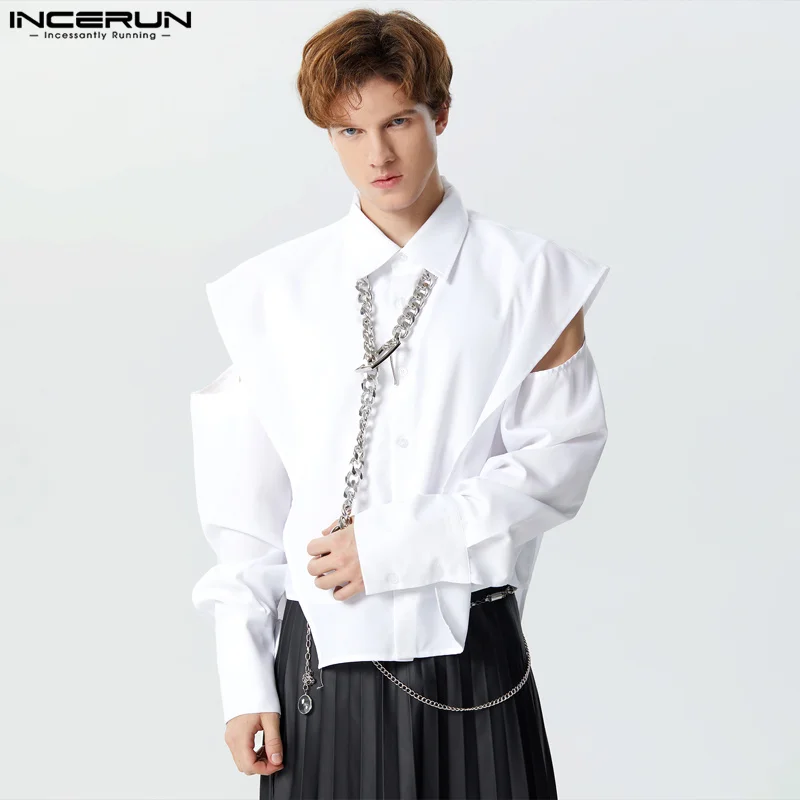 

INCERUN Tops 2023 American Style New Mens Shoulder Cut Lapel Shirt Casual Streetwear Simple Solid Simple Sleeveless Blouse S-5XL