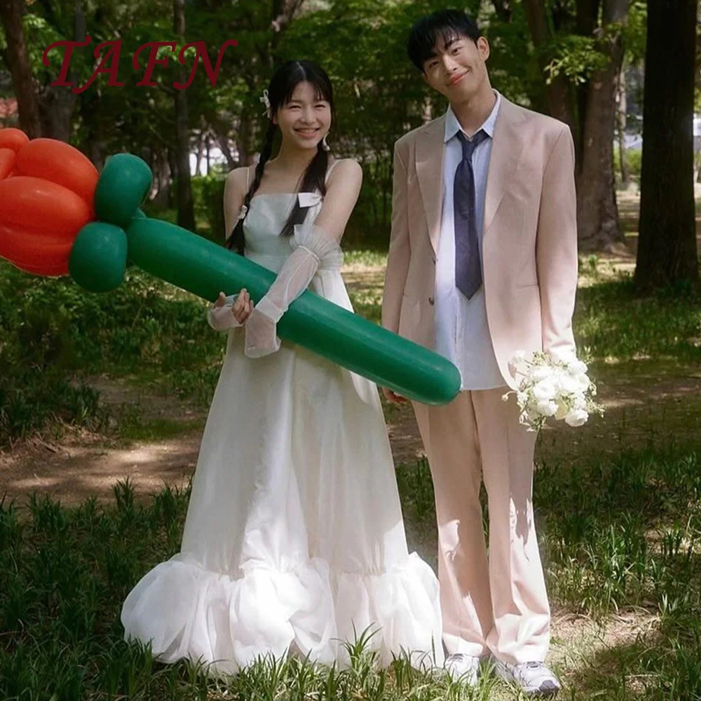 

TAFN Simple Pleats Taffeta Wedding Dresses Korea Photoshoot A-line Bridal Gowns Pleats Bow Spaghetti Straps Lace-up Customized
