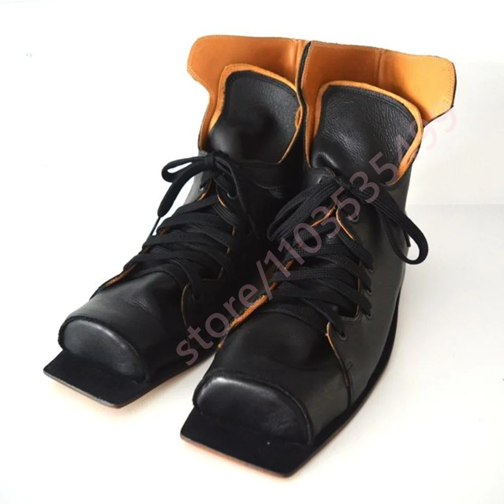 2026 New Retro Square Toe Ankle Boots Black Leather Lace-Up Boots Vintage Casual Contrast Color Boots for Men