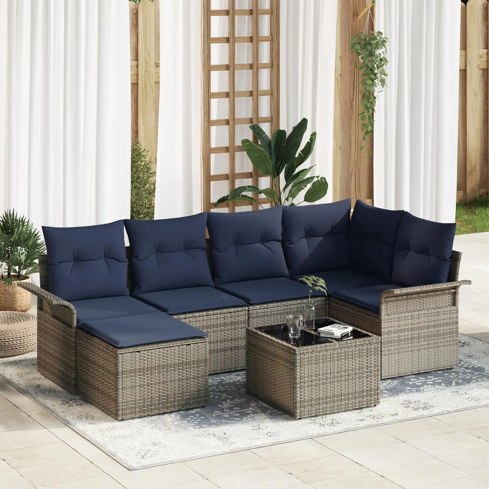 

Elegant 7 Piece Grey Poly Rattan Garden Sofa Set with Soft Cushions for Outdoor Patio Furniture