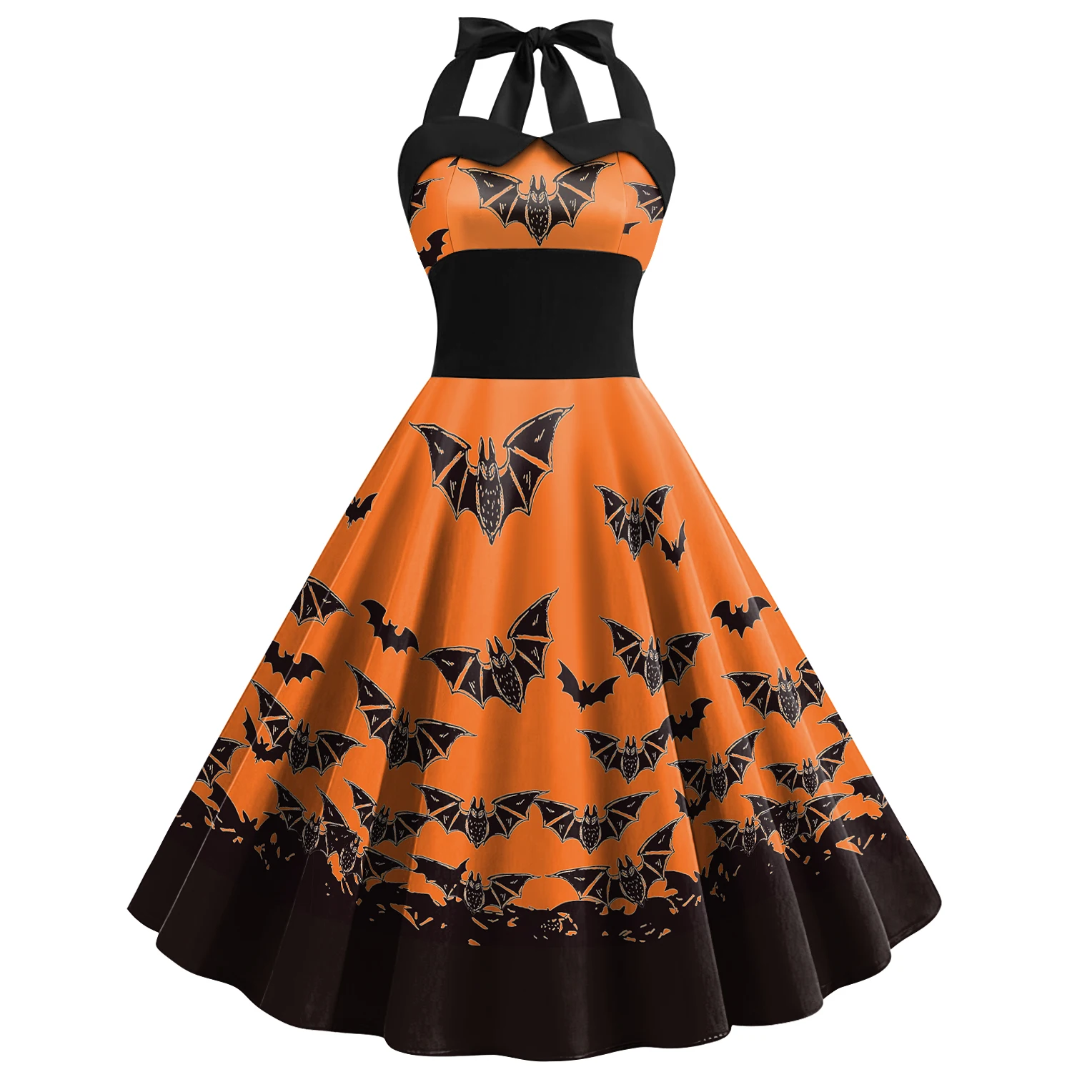 

Orange Halloween Dress Pumpkin Pattern Cosplay Costume Gothic Party Wear Women Carnival 3D Printing Skull Bat Dress Witch Outfit