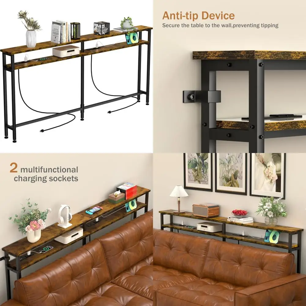 طاولة كونسول للأريكة ثنائية المستوى مقاس 70 بوصة مع طاقة مدمجة وشحن USB، وسلك تمديد متضمن