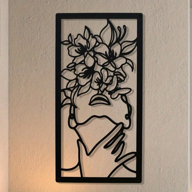 1 x Traumblumen-Wandskulptur aus Metall | Feminine Linienkunst, Metall-Leinwand-Mischung, Halloween- und Weihnachtsgeschenk, Heimdekoration