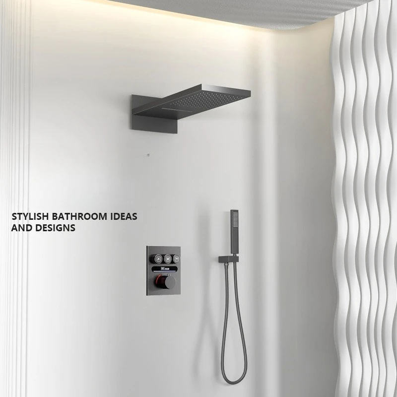 

Полностью медный скрытый термостатический цифровой душевой набор с функциями дождя и водопада