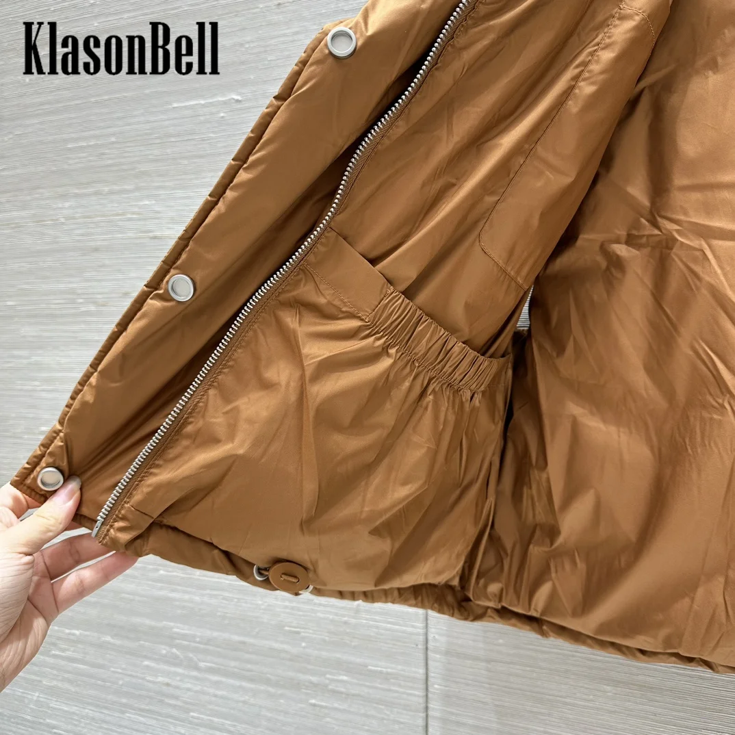 8.26 KlasonBell Women\'s 2024 Autumn Winter New Letter Leather Brand Quilted Down Vest Hooded Detachable Drawstring Hem Coat