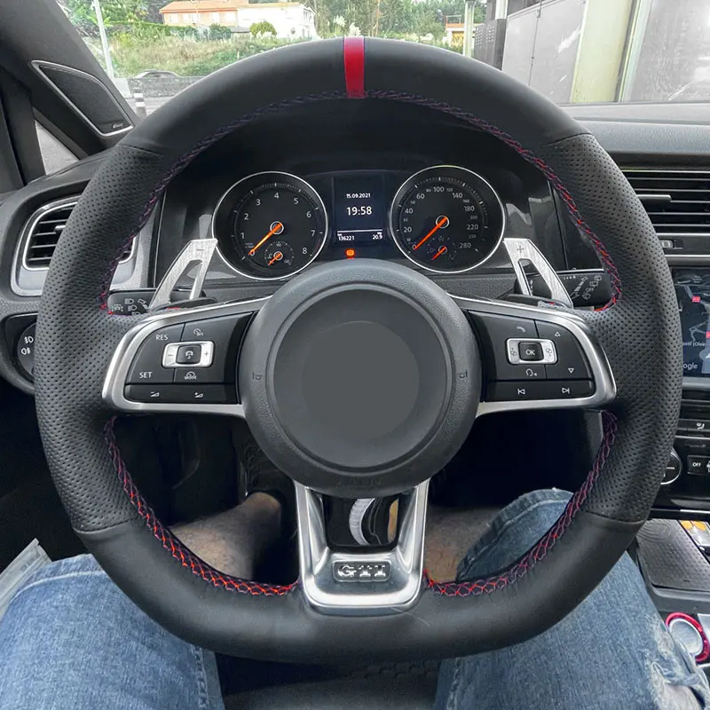 

For VW Golf 7 GTI Golf R MK7 Passat Polo Scirocco 2015 2016 Hand Sew Car Steering Wheel Cover Protection Perforated Leather Trim