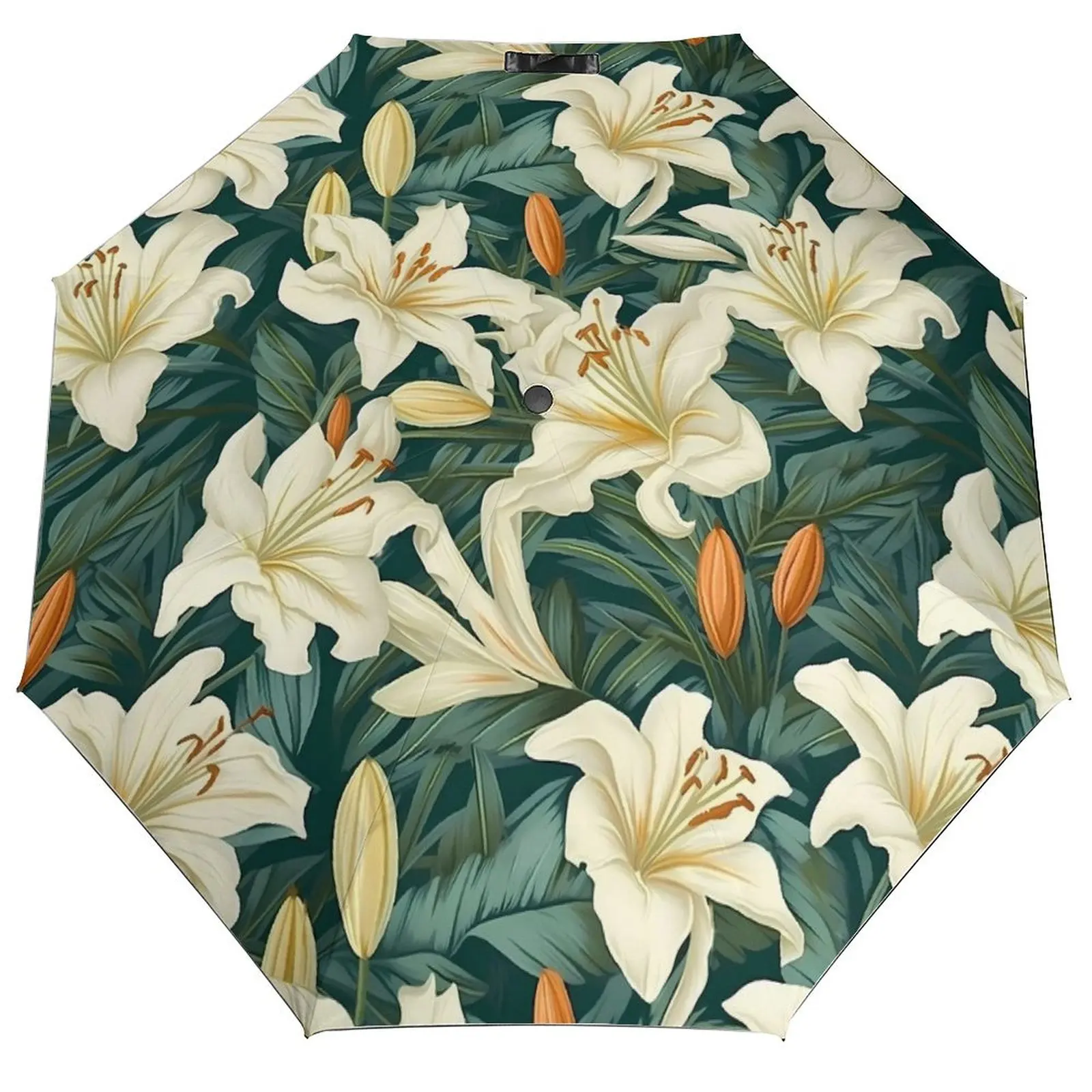

Lily Floral Umbrella White Flower Print Three Fold Auto Sunshade Umbrella For Men Women Fashion Portable Outdoor Umbrella