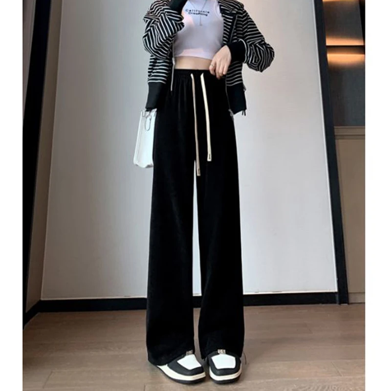 2025 мешковатые повседневные широкие брюки для девочек, Лидер продаж, классические женские брюки с высокой талией, женские однотонные брюки на шнурке