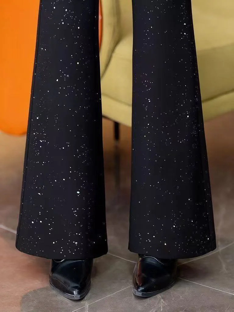 

Shiny Powdered Micro Flared Pants Women's Spring 2026 Elastic Waist Slimming Versatile Starry Casual Trousers