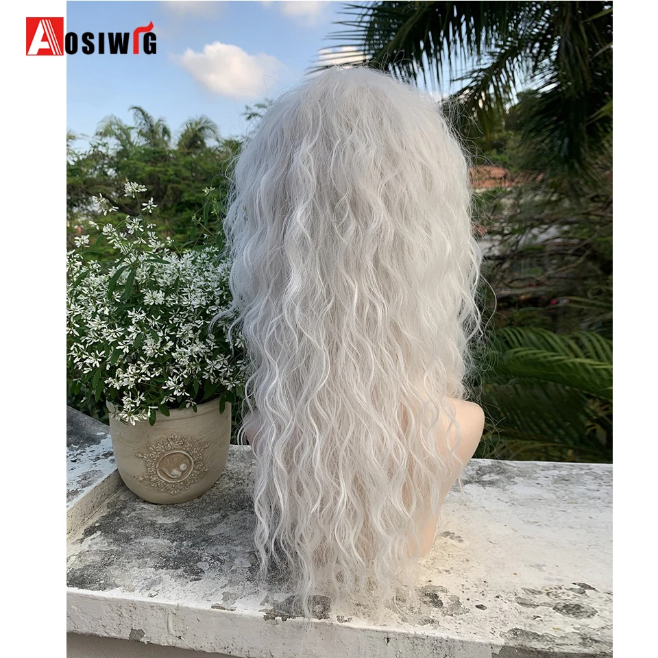 Synthetic Cosplay Wig Long Curly With Bangs White Wig Pure White Wool Roll Lolita Women Halloween Cosplay Wig Women