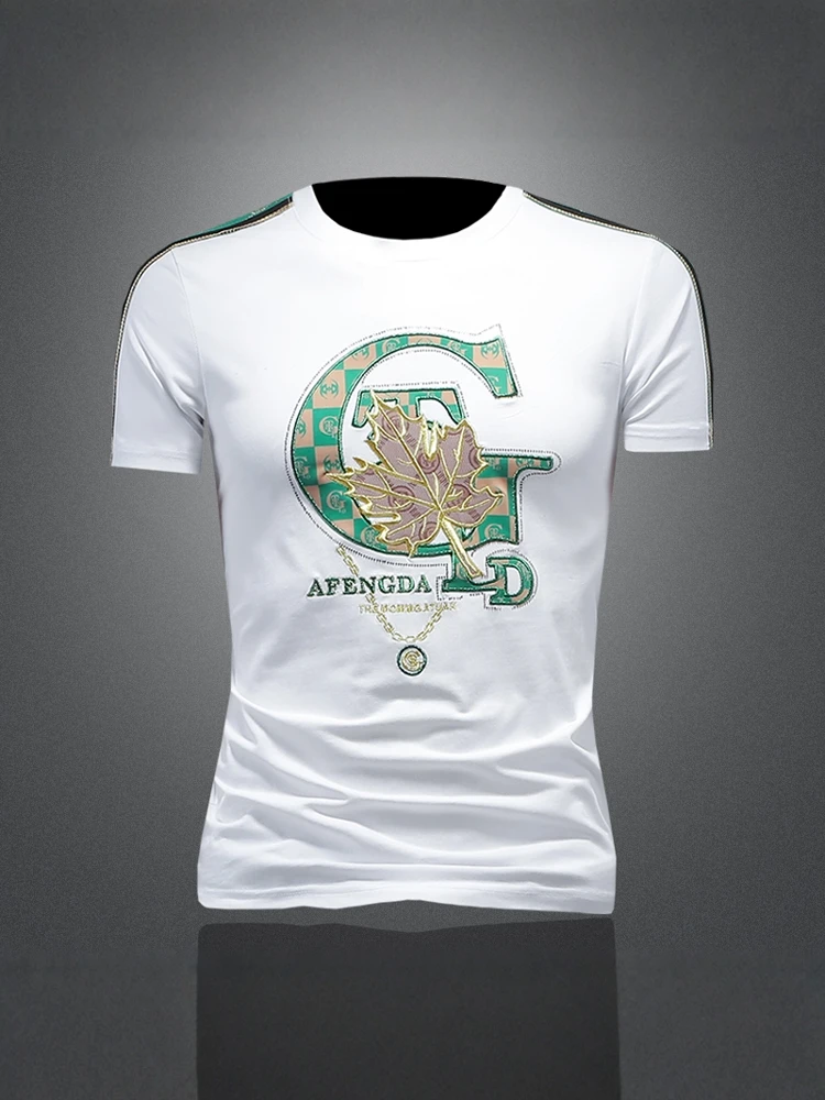 

Мужская футболка с круглым вырезом и коротким рукавом, вышитая, из шелкового хлопка, летняя, новый дизайн, модная, базовая, современная, дышащая