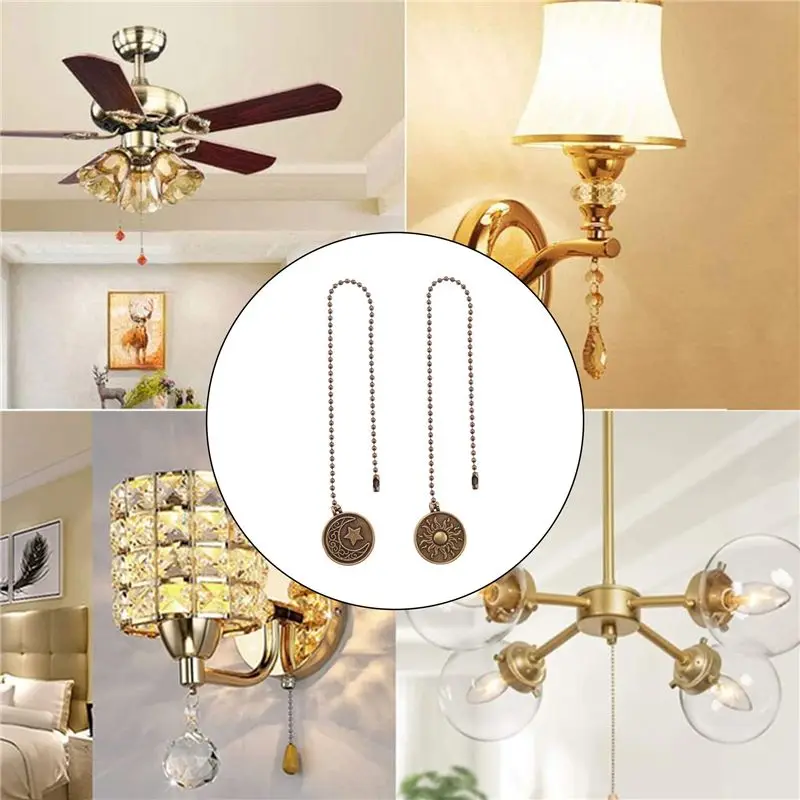 AS94-2Pcs Ceiling Fan Pull Chain Set Sun & Moon Pattern Pull Chains Extension Copper Beaded Ball Fan Pull Chain With Ornament