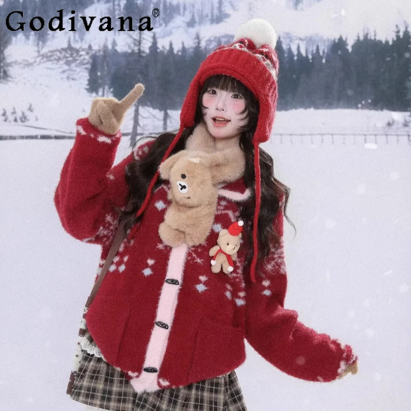 المخملية عيد الميلاد سترة حمراء المرأة الشتاء سميكة الدافئة سترة معطف الإناث النمط الياباني الحلو فضفاض سترة متماسكة #3