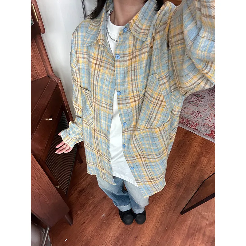 

Retro American Plaid Long Sve Men's irt Loose Outerwear Autumn Trendy Brand Premium Couple's Yellow Blue Cheered irt