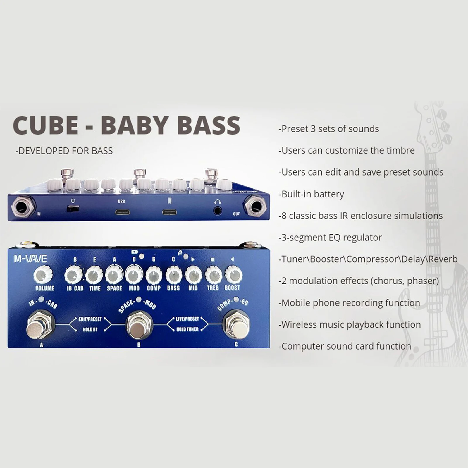 M-VAVE CUBE BABY Portable Multifunctional Bass/Electric Guitar/Acoustic Guitar Combined Effect Pedal with Wireless Music Playbac