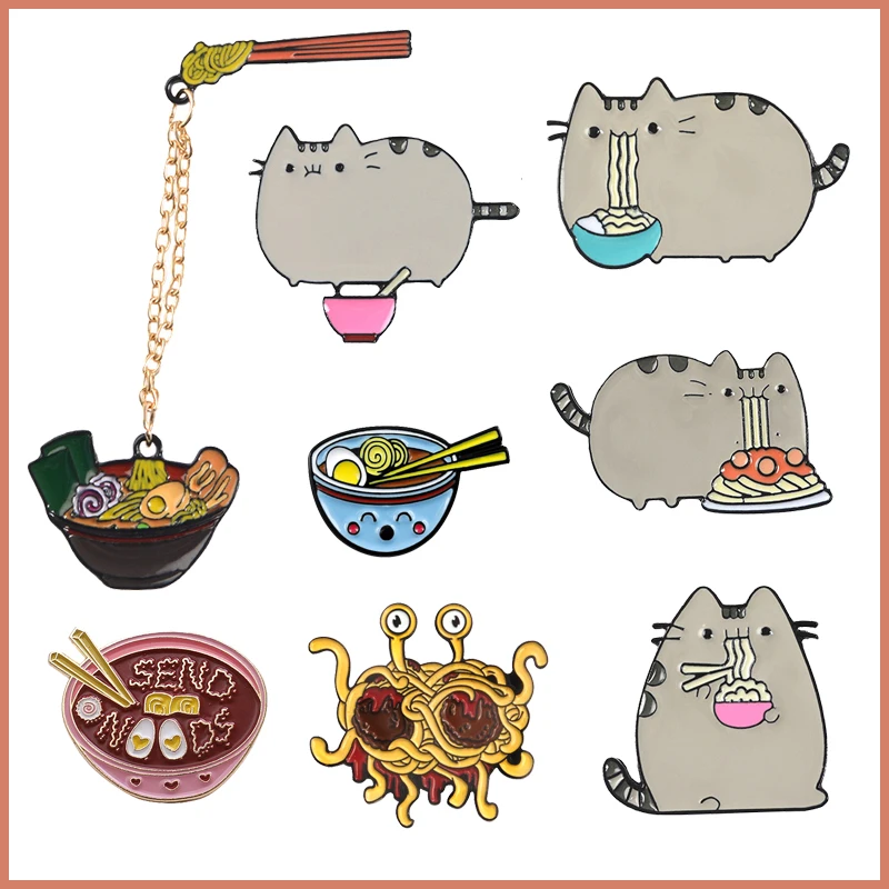 Cuenco de fideos de huevo de dibujos animados creativos, palillos, broche de esmalte de Metal, insignia de gato gordo, divertido regalo de joyería de solapa para niños y amigos