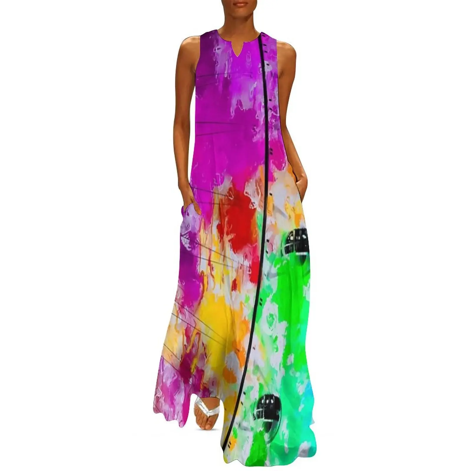 

ferris wheel with pink blue green red yellow painting abstract background Long Dress party dresses woman