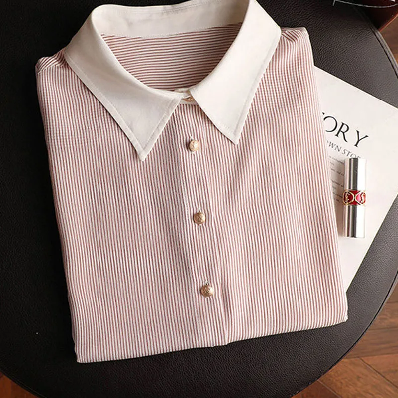 2023 Summer New Casual Elegant Long Sleeve Stripe Printed Spliced Button Lapel Fashion Trend Commuter Women's Clothing Blouse