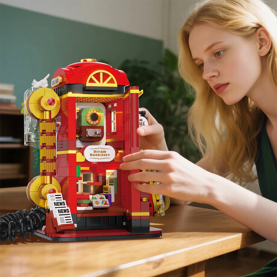 

Креативный красный ретро-телефон, мини-строительный блок, игровой автомат MOC, вид на улицу, сборная модель, кирпичная игрушка, подарок для детей, девочек и взрослых