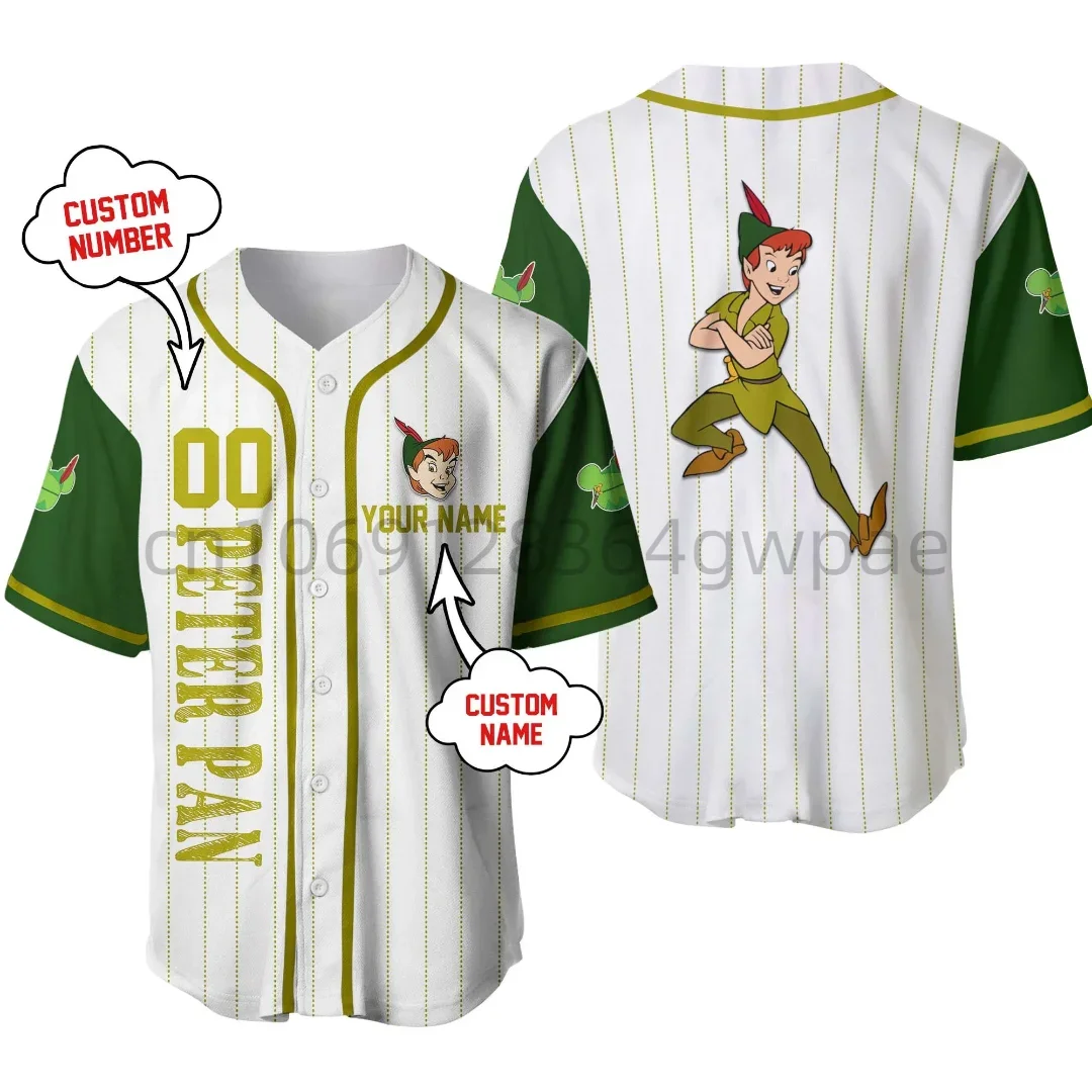 Disney Peter Pan Baseball Jersey Heren Dames Korte Mouw Knoop Jersey Aangepaste Naam Disney Baseball Jersey Casual Sportshirt