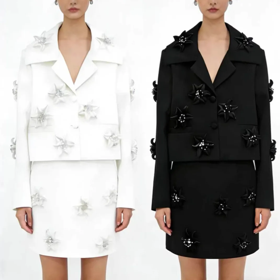 

Women's 3D Flower Decor Blazer Skirt Set, Formal Party & Event Two Piece Outfit