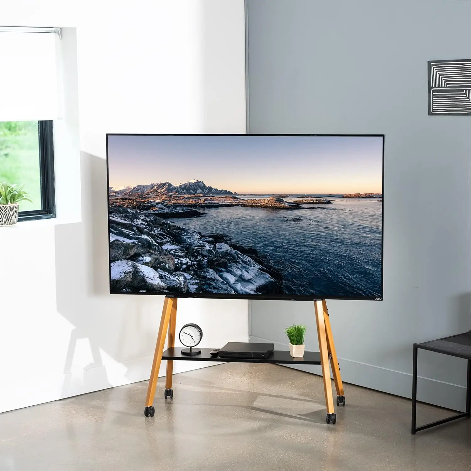 43-75인치 LED LCD TV 스탠드(목재 선반 포함), 조절 가능한 검정색 프레임 이젤 스탠드, 호두나무 다리 4개, STAND-TV75R