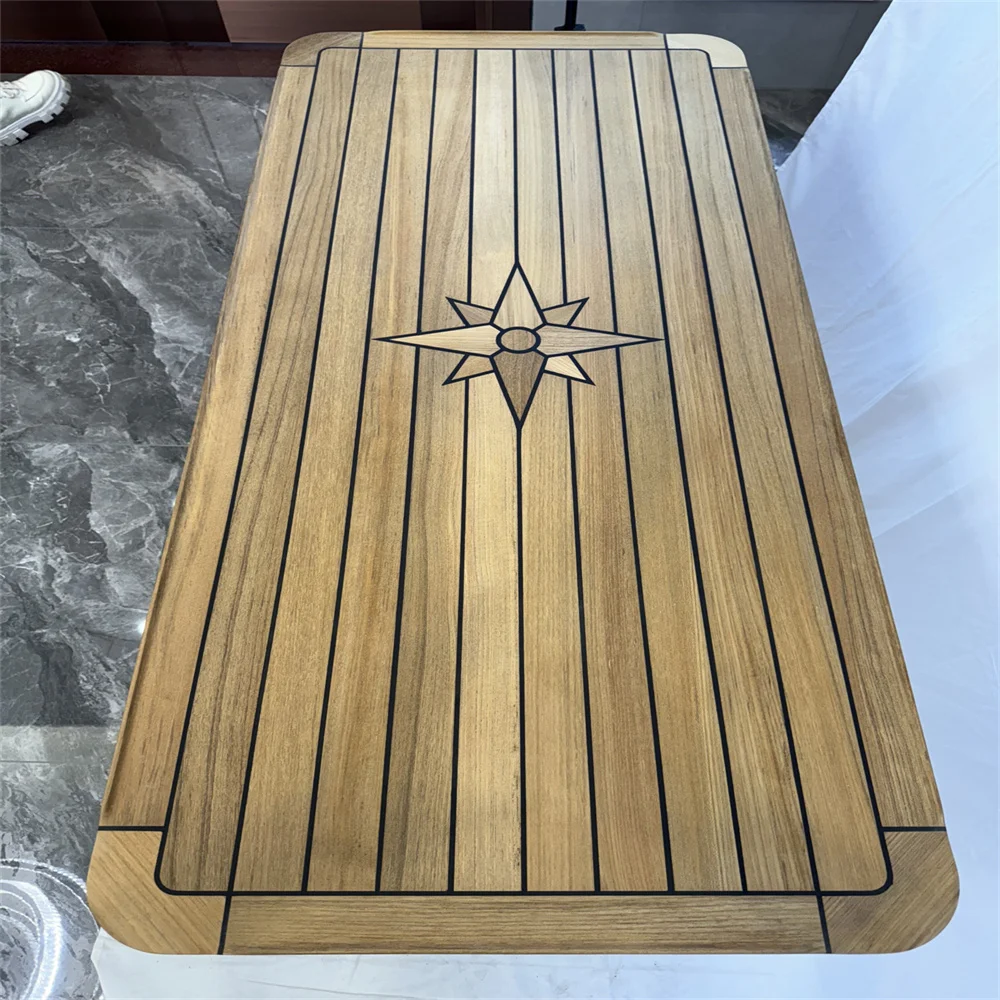 Boat Rectangular Teak Table Top 650x1500mm,25.6x 59.1 Inch Star Inlay Round Corner Marine Yacht RV TTR65150