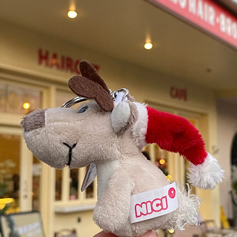 LLavero de felpa de alce de Navidad con sombrero rojo para niños, muñeco colgante de 10cm, lindos animales de peluche, juguetes de peluche, bolso con encanto, regalo de Navidad para niños