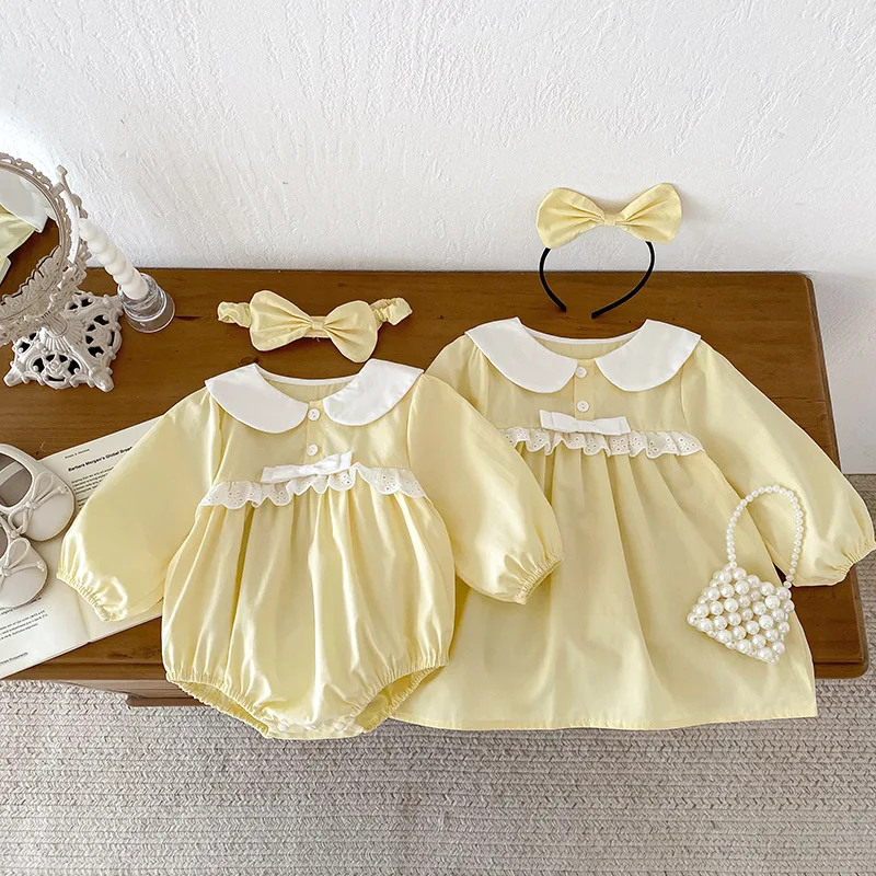 2026 Yellow Baby Girls Dresses Long Sleeve Sister Outfits Autumn Clothes Infant Romper Big Sister Little Sister Matching Outfit - view 5