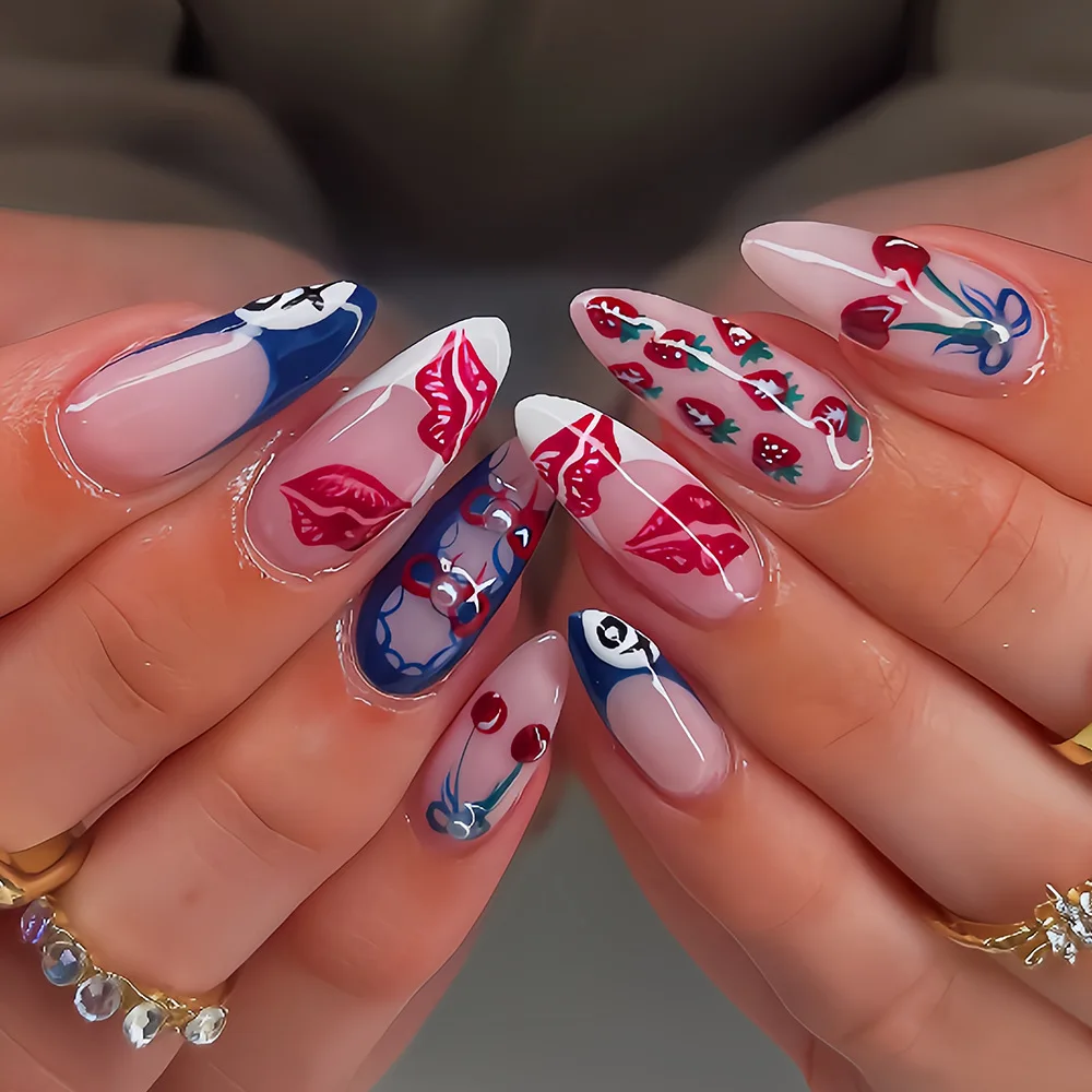 24 faux ongles bleus et blancs, style français, haut de gamme, motif fruit et lèvres, à presser, élégants, portables et amovibles