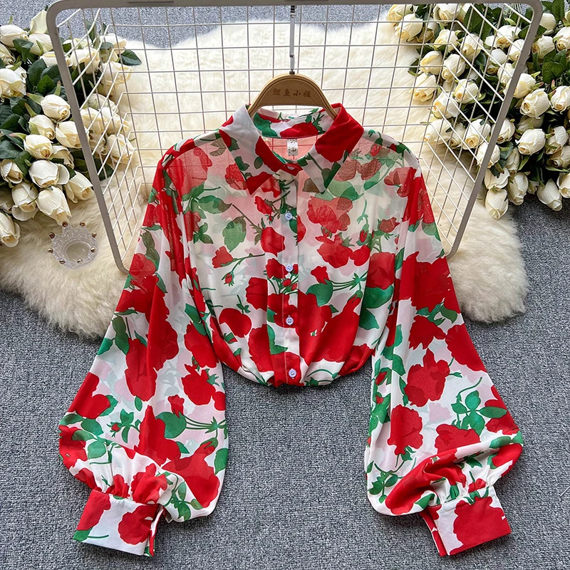 

Spring New Women's Shirts Chic Polo Neck Vintage Chiffon Blouses Top Femme Y2k Baggy Lantern Long Sleeve Floral Blouse Mujer