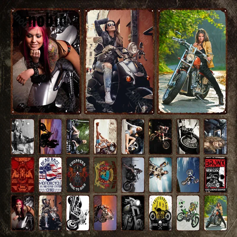 Motorcycle Metal Signs Beautiful Sexy Woman Metal Poster Choppers Retro Garage Home Decoration Tin Sign Plate Iron Paintings