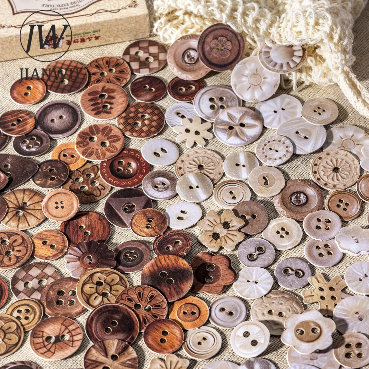 JIANWU Fingertip Button Series Vintage Simulated Button Hollow Landscape Material Collage Sticker Creative Journal Stationery