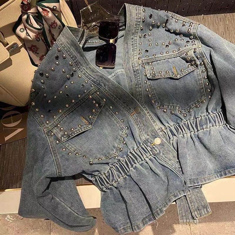 Streetwear Beading Denim Jacket Women Harajuku Diamond Jeans Coats Fashion Korean Grunge Long Sleeve Casual Design Outerwears