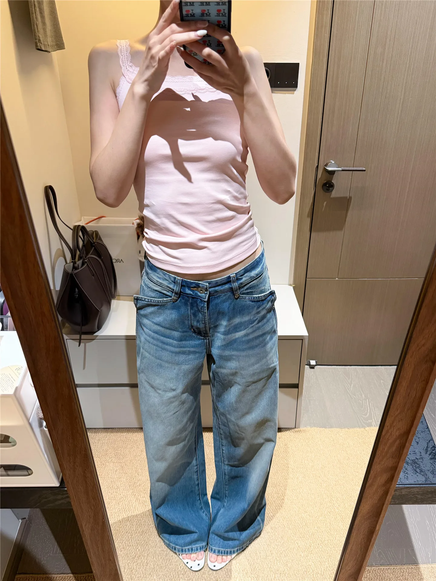 

Extended Vintage Blue Low Waist Straight Leg Jeans Women's Spring Summer Loose Slimming Design Wide Leg Floor-Length Pants