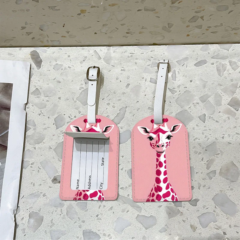 Pink Giraffe Print Pattern Luggage Tag with Hanging Rope Used for Quick Identification and Decoration of PU Luggage Tags