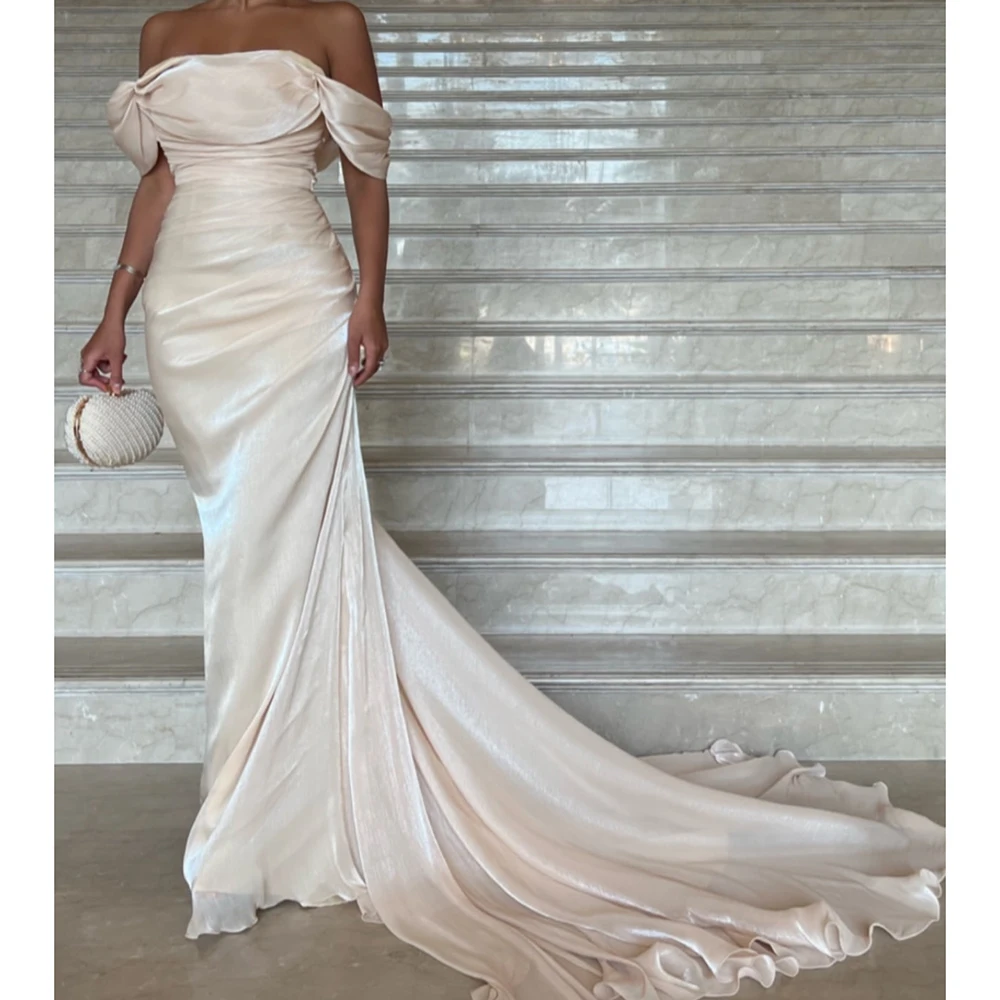 Vestidos de Noche de sirena personalizados, vestido de fiesta sin mangas hasta el suelo con hombros descubiertos, vestido de fiesta drapeado sin espalda a la moda Simple