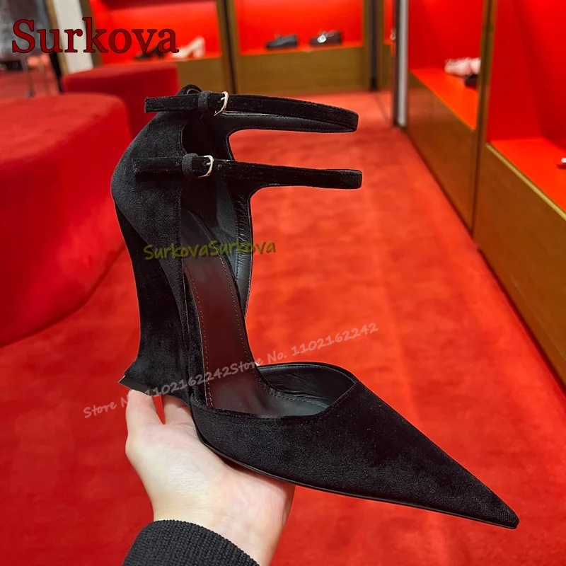 Black Suede Wedge Heels Pumps Pointed High Heels Buckle Strap Mary Jane Women'S Shoes Sexy Fashion Catwalk Designer High Heels