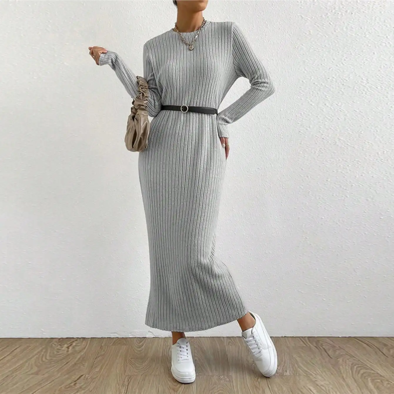 Elegant ribbed long sleeve slim fit dress - Round neck, solid color, polyester - For casual everyday wear